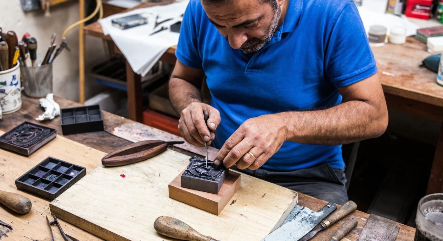 A Turkish craftsman in a cluttered workshop carefully carves a rubber stamp on a wooden block, surrounded by scattered tools and ink pads, with a focused expression.