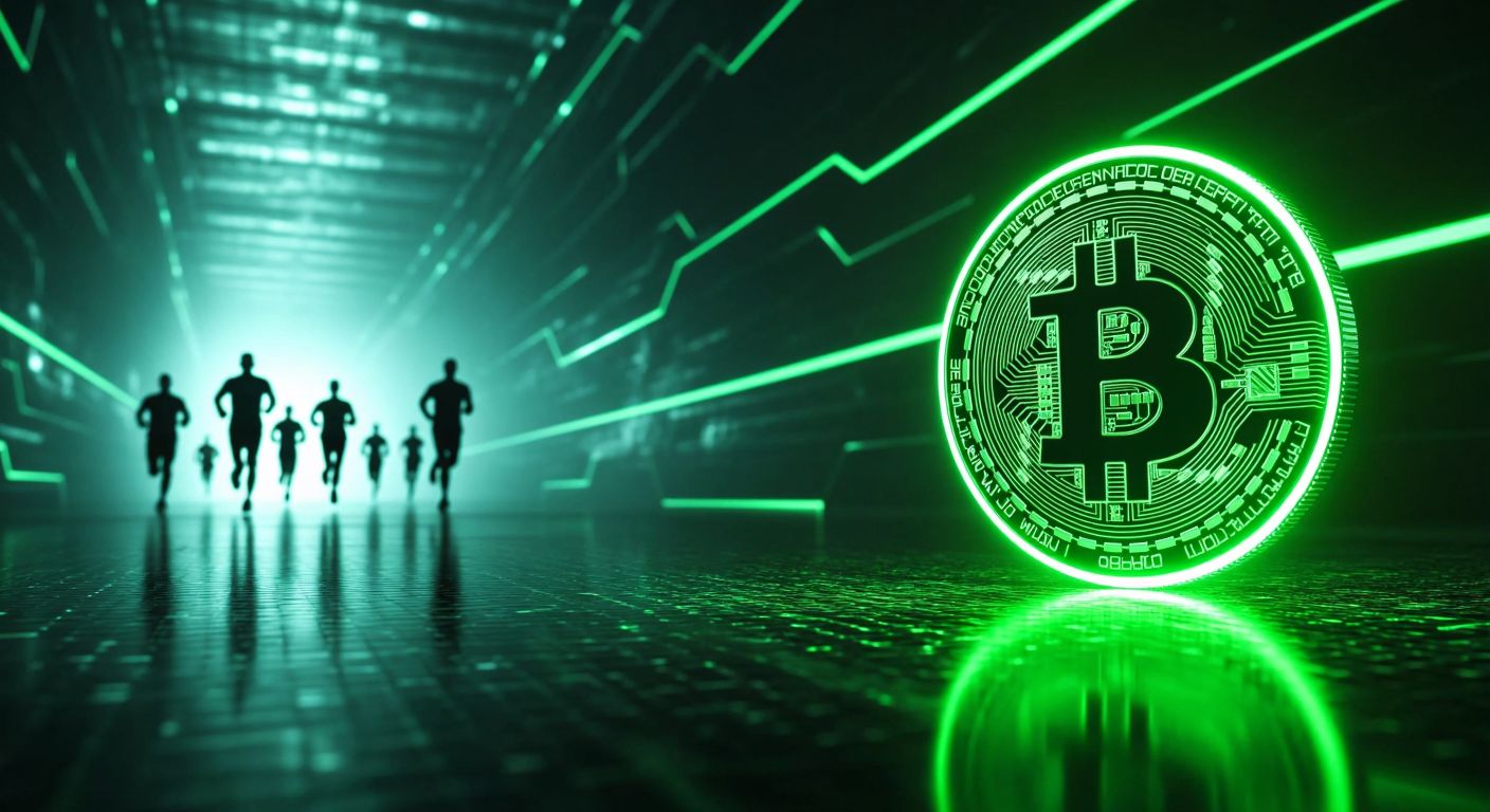 A futuristic digital coin glowing green against a dark, abstract background, symbolizing growth and innovation, with faint silhouettes of people jogging in the distance to represent the "move-to-earn" concept.