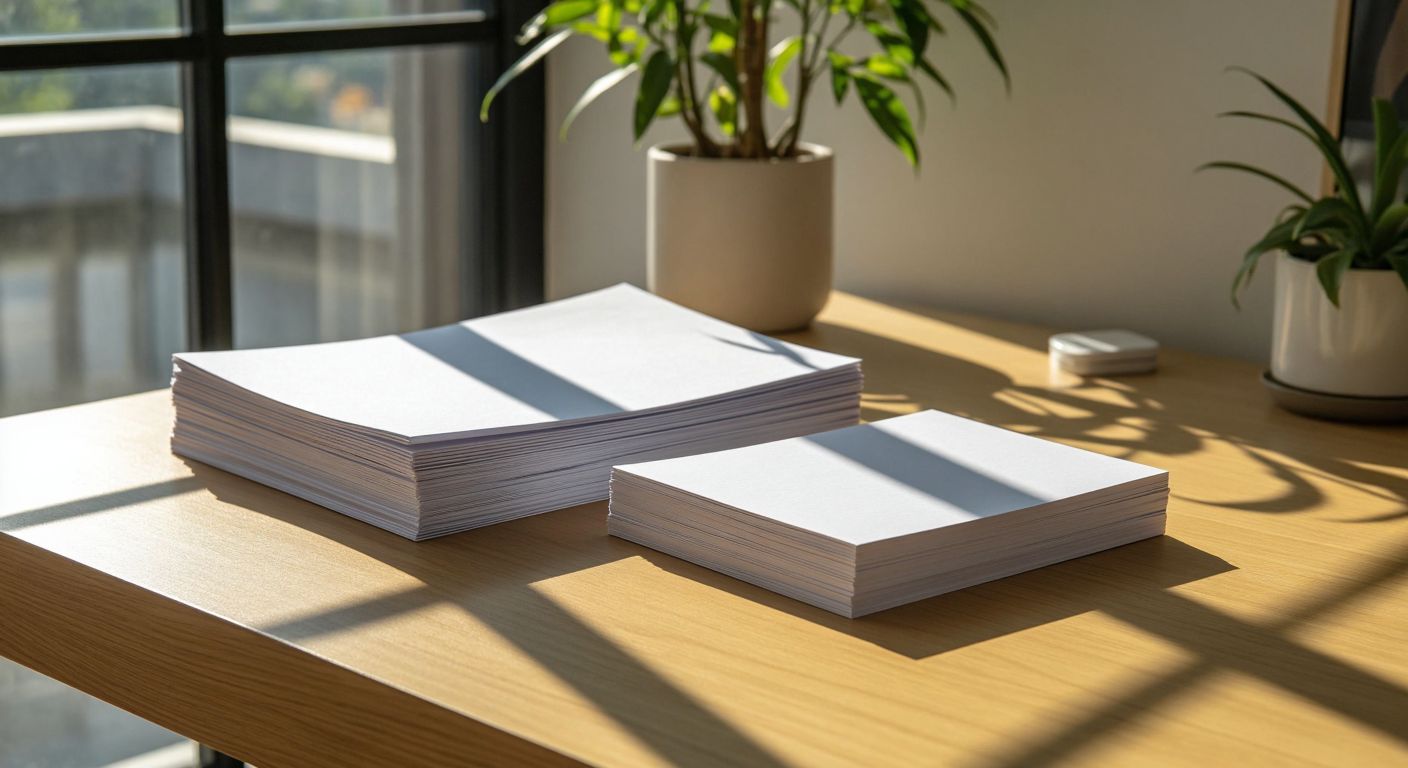A neatly stacked pile of crisp white A4 papers next to a thick, sturdy business card on a wooden office desk in Turkey, with sunlight streaming through the window.