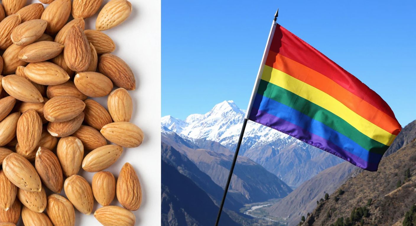 A split image showing a pile of fresh almonds on one side and a rainbow flag waving over a Himalayan mountain landscape on the other.