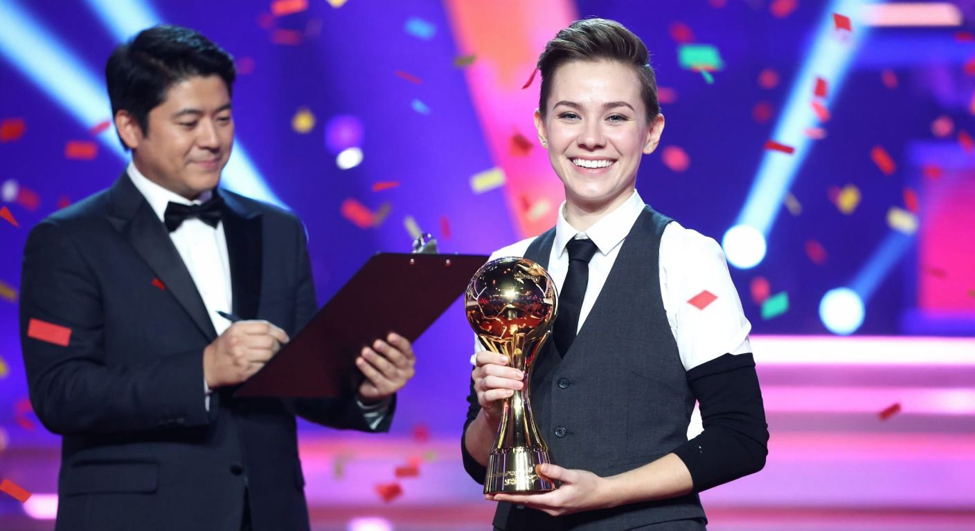 A smiling person holding a golden trophy with a judge in the background checking a clipboard, set against a vibrant stage with colorful confetti falling.