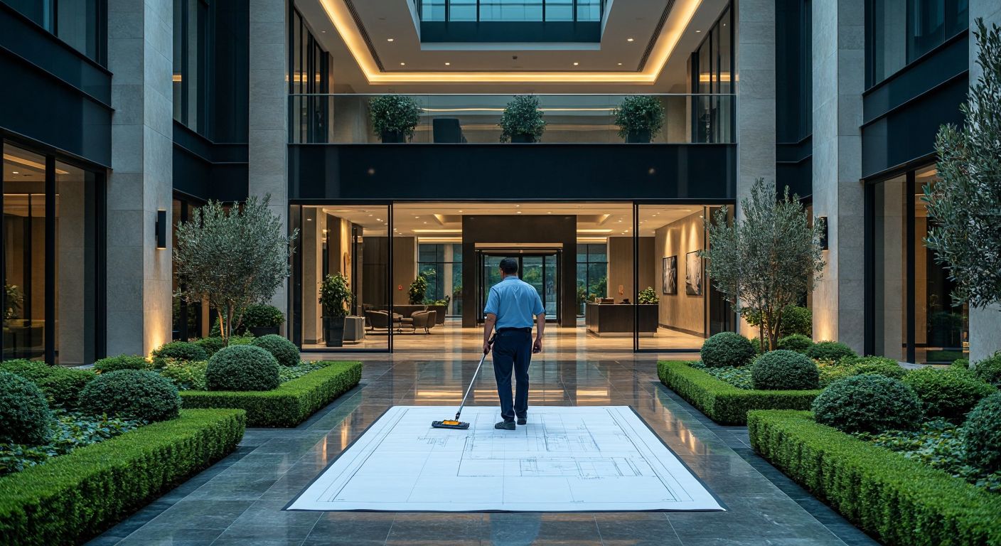 A well-lit modern office building in Turkey, with a janitor mopping the lobby floor, a security guard at the entrance, and a manager reviewing blueprints while landscapers trim bushes outside.