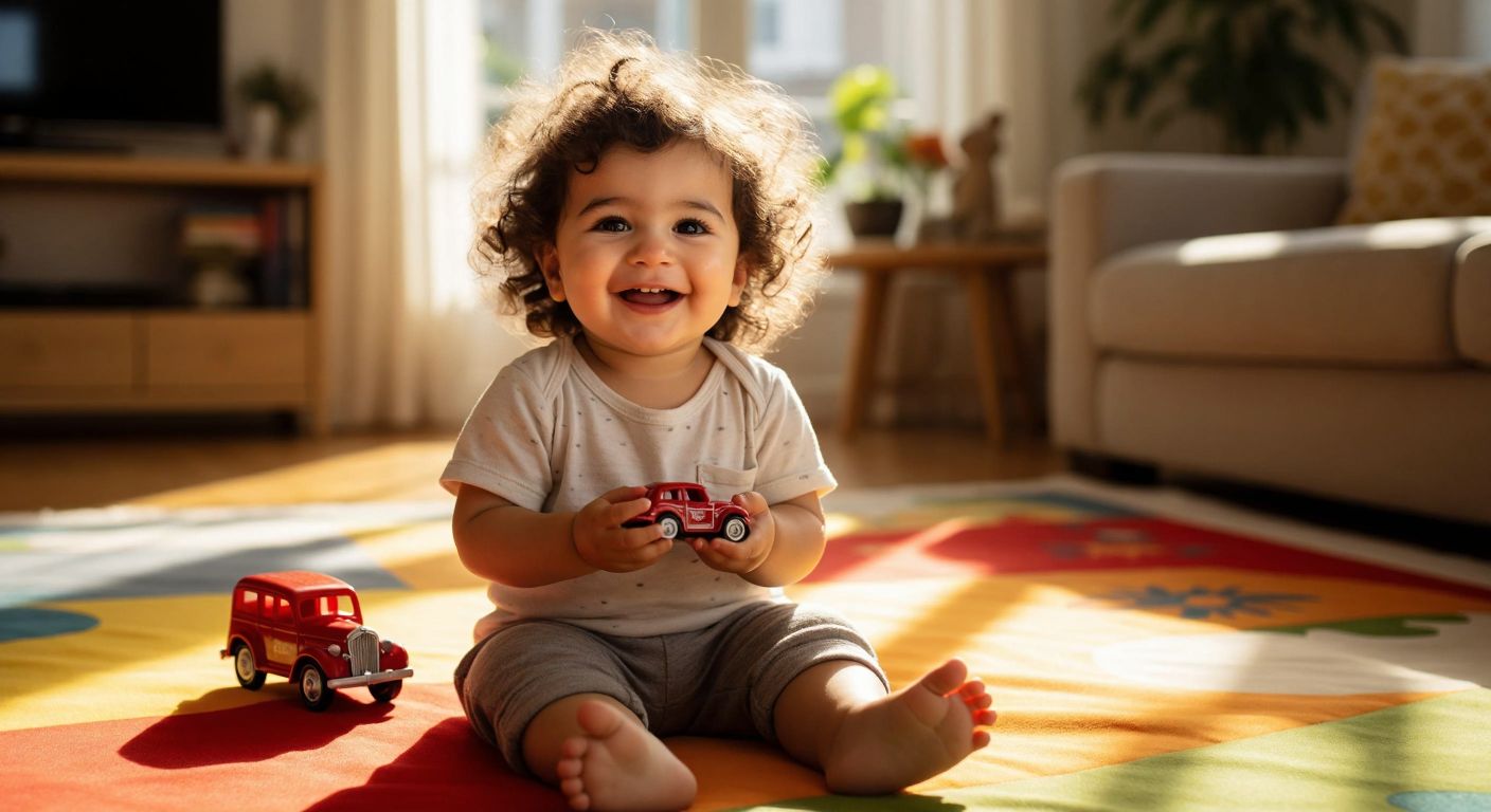 A smiling Turkish toddler with curly hair holds a small red Matchbox car in their chubby hands while sitting on a colorful play mat in a sunlit living room.