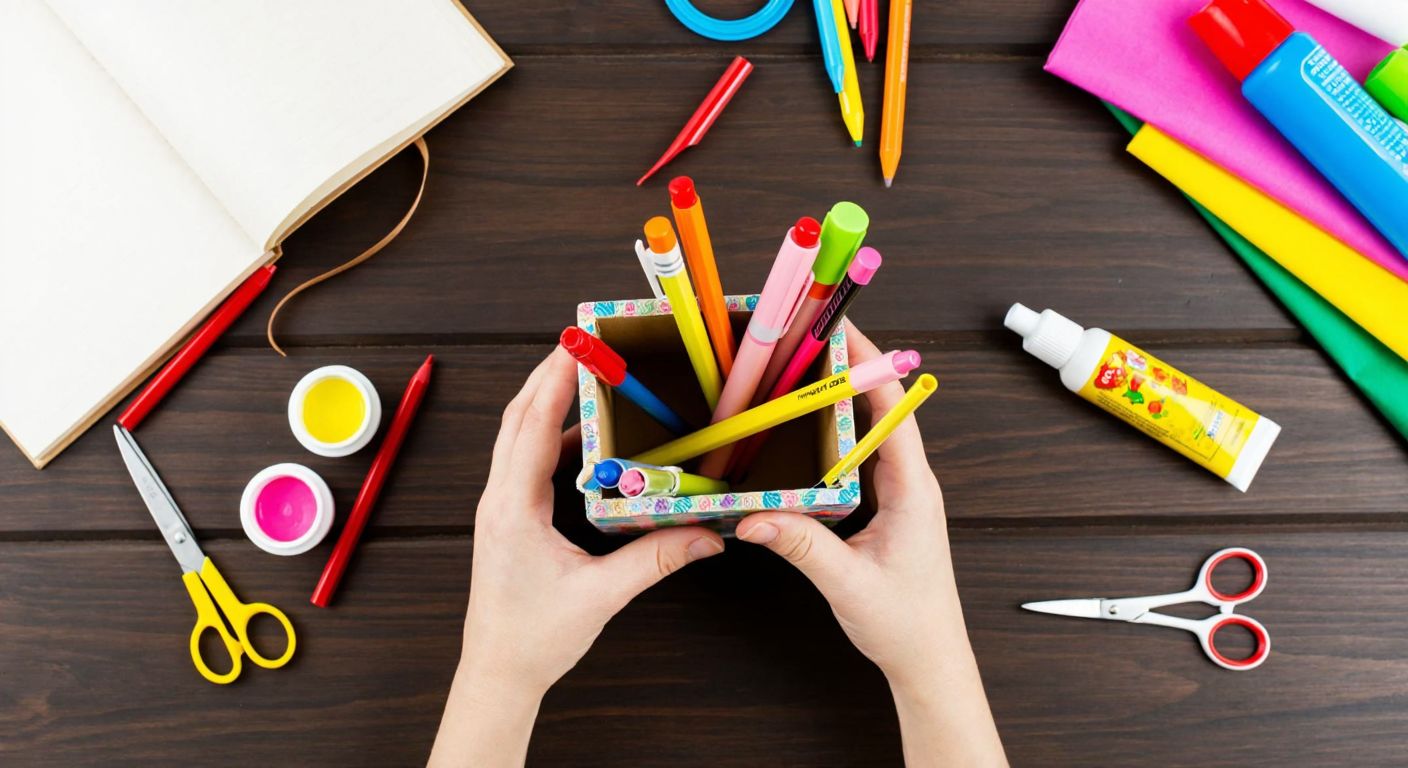 A pair of hands carefully crafting a colorful, hand-decorated cardboard pencil holder with rolled paper inserts, surrounded by scattered art supplies like scissors, glue, and vibrant markers on a wooden table.