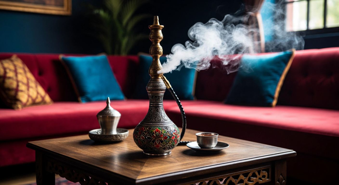 A richly decorated nargile pipe with smooth, swirling smoke rising from its bowl, placed on a low wooden table surrounded by plush cushions in a cozy Turkish lounge.