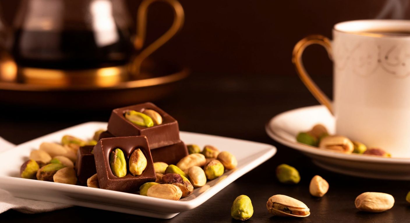 A warm, inviting café scene in Turkey with a small plate of Kahve Dünyası's pistachio chocolate, surrounded by fresh Antep pistachios and a steaming cup of Turkish coffee, evoking indulgence and moderation.