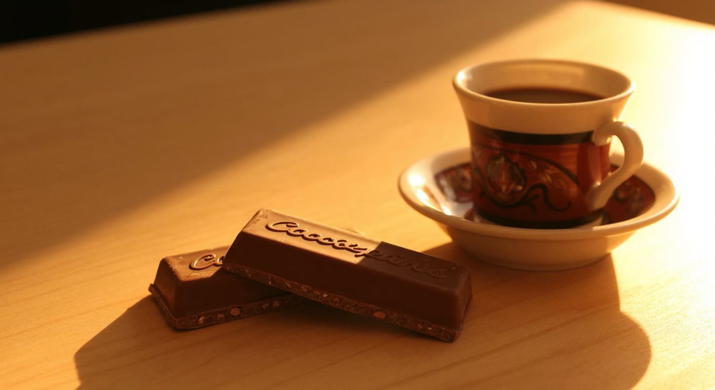 A single, unwrapped Çokoprens chocolate bar resting on a wooden table beside a small Turkish coffee cup, with warm sunlight casting a soft glow over the scene.