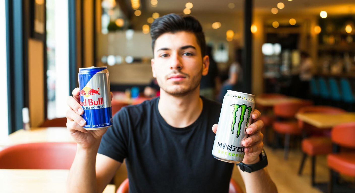 A young adult in a casual Turkish café, holding a can of Red Bull in one hand and a can of Monster in the other, with a thoughtful expression while comparing the two energy drinks.