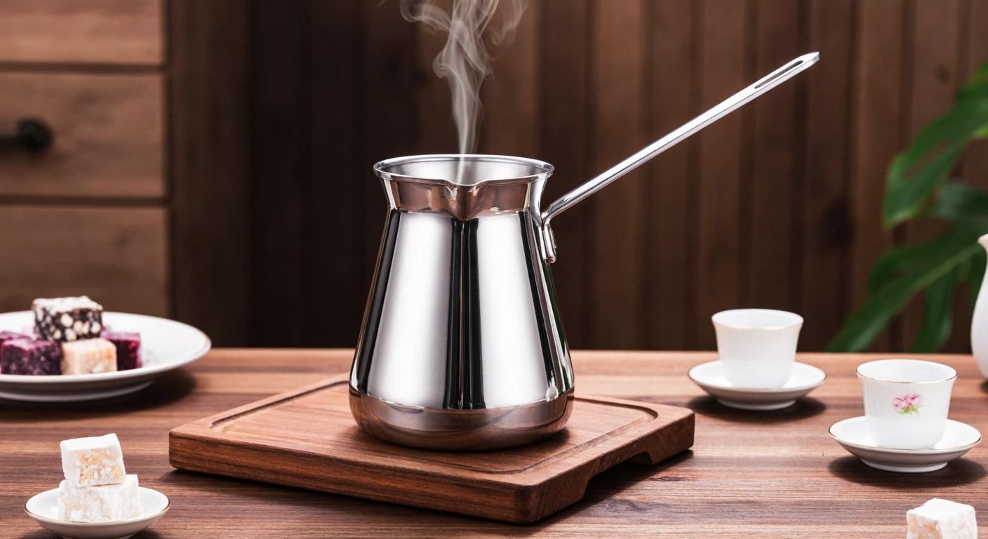 A sleek stainless steel Turkish coffee pot with a foldable handle sits on a wooden table, steam rising from its spout, surrounded by small porcelain cups and a plate of Turkish delight.