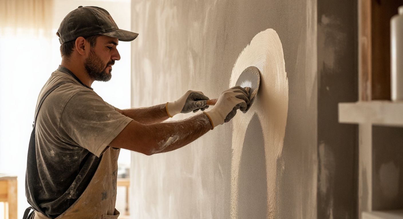 A construction worker in a dusty apron smoothly applies a creamy plaster mixture to an interior wall with a trowel, creating a flawless, modern surface in a well-lit Turkish home.