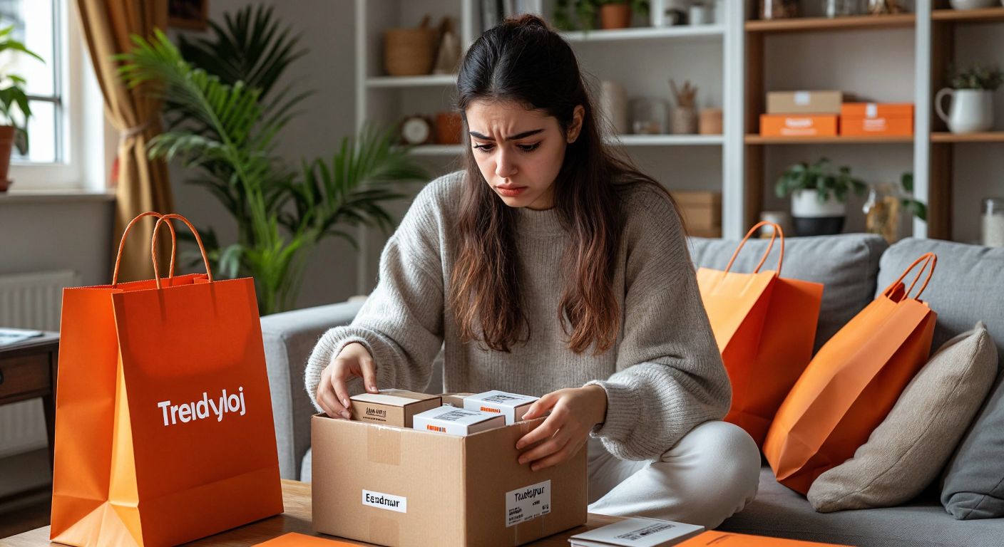 A young Turkish woman in a cozy home setting carefully organizes multiple labeled return packages with Trendyol-branded shopping bags nearby, her expression focused yet slightly frustrated.