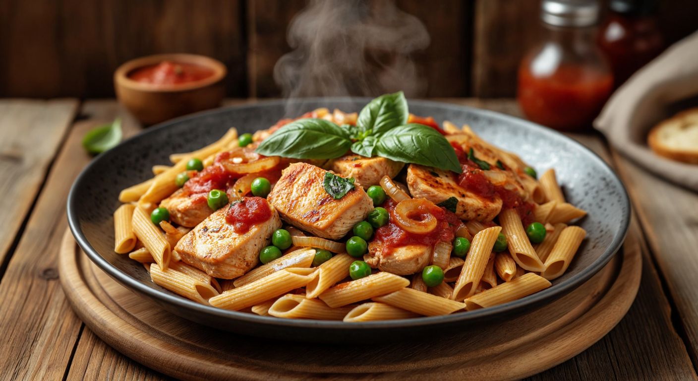 A steaming plate of golden-brown whole wheat pasta topped with tender boiled chicken pieces, sautéed onions, garlic, and peas, drizzled with tomato sauce and garnished with fresh basil leaves, set on a rustic wooden table in a Turkish kitchen.