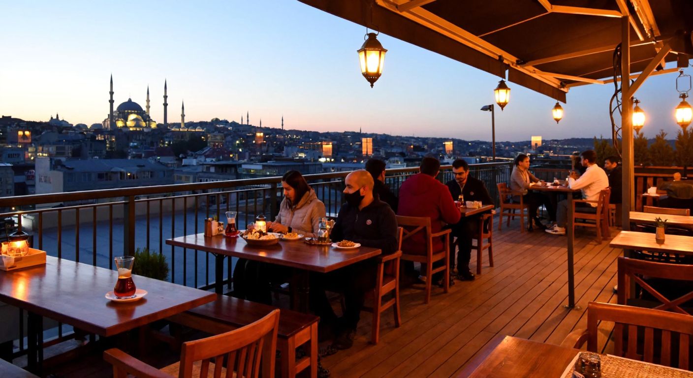 A cozy rooftop café in Istanbul with warm lantern light, wooden tables, and patrons enjoying traditional Turkish tea and baklava, surrounded by a serene evening skyline.