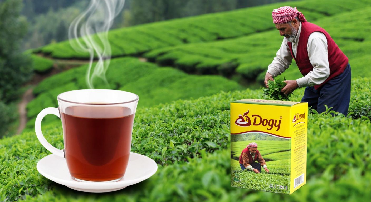A steaming cup of black tea with a **Doğu** logo on the packaging, set against a backdrop of lush green tea fields in Rize, with a Turkish tea farmer in traditional attire carefully harvesting leaves.