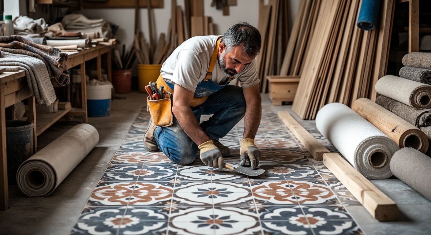A Turkish craftsman in a workshop, wearing a tool belt, carefully laying patterned ceramic tiles on a floor with a trowel, surrounded by rolls of fabric and wood samples.