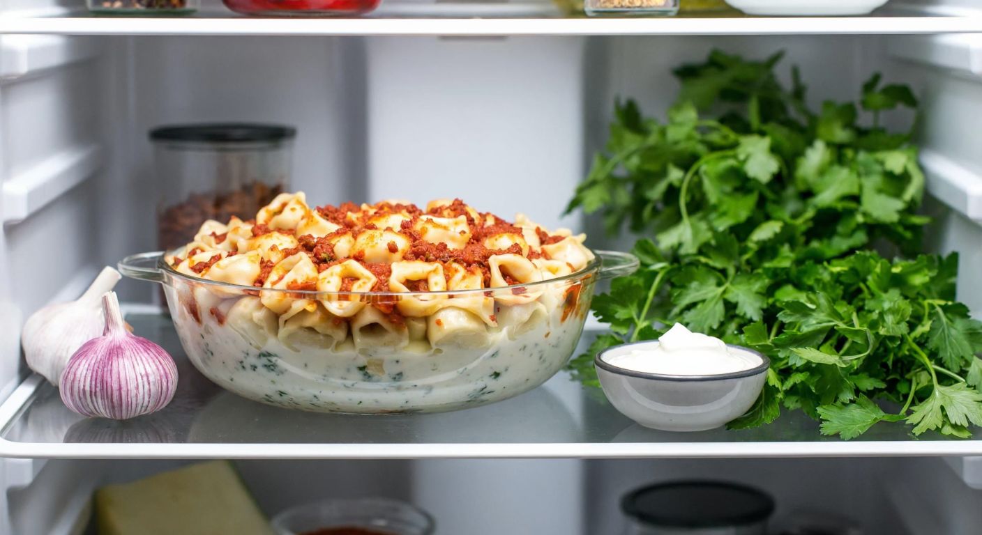 A steaming plate of Turkish manti sits inside an airtight glass container on a refrigerator shelf, surrounded by fresh herbs and a bowl of yogurt with garlic.