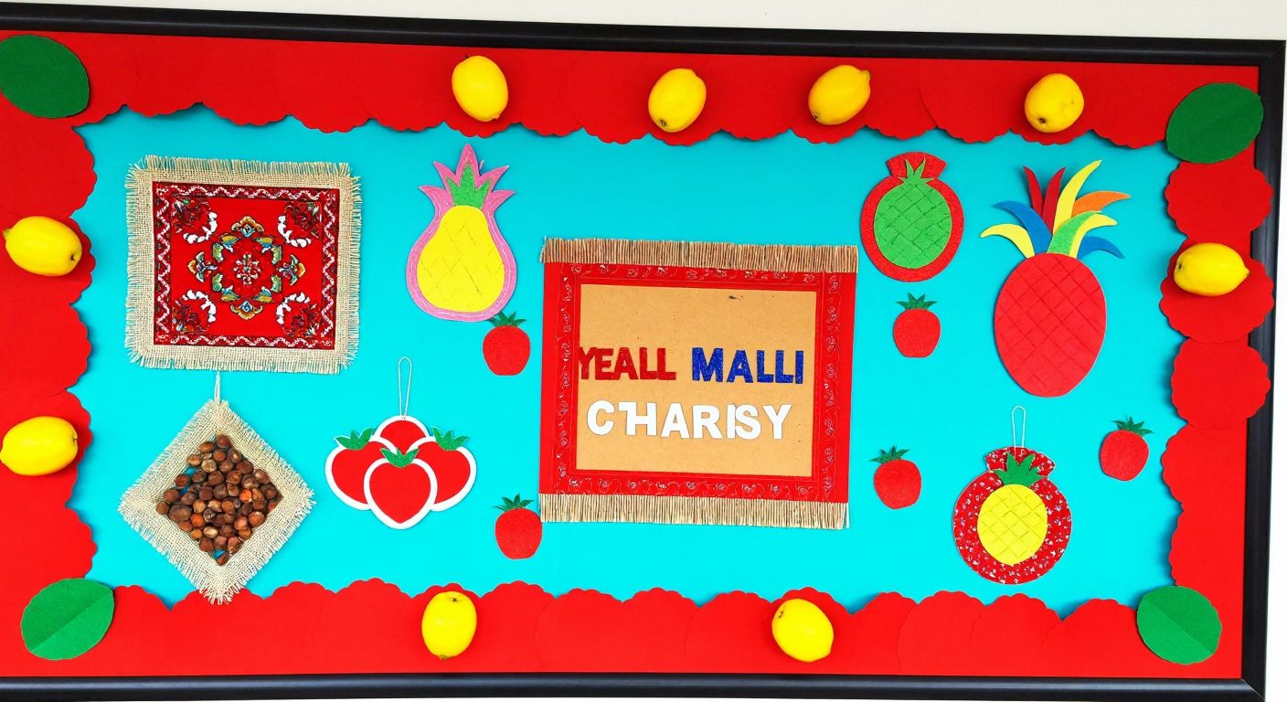 A colorful school bulletin board in Turkey displays handmade crafts, fresh fruits, and traditional Turkish textiles, symbolizing pride in local culture during Yerli Malı Haftası.