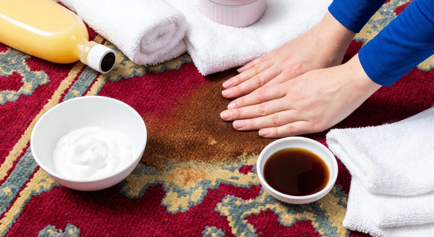 A close-up of a Turkish carpet with a fresh coffee stain, surrounded by cleaning supplies like white cloths, baking soda paste, and a small bowl of vinegar-water mixture, with hands gently dabbing the stain.