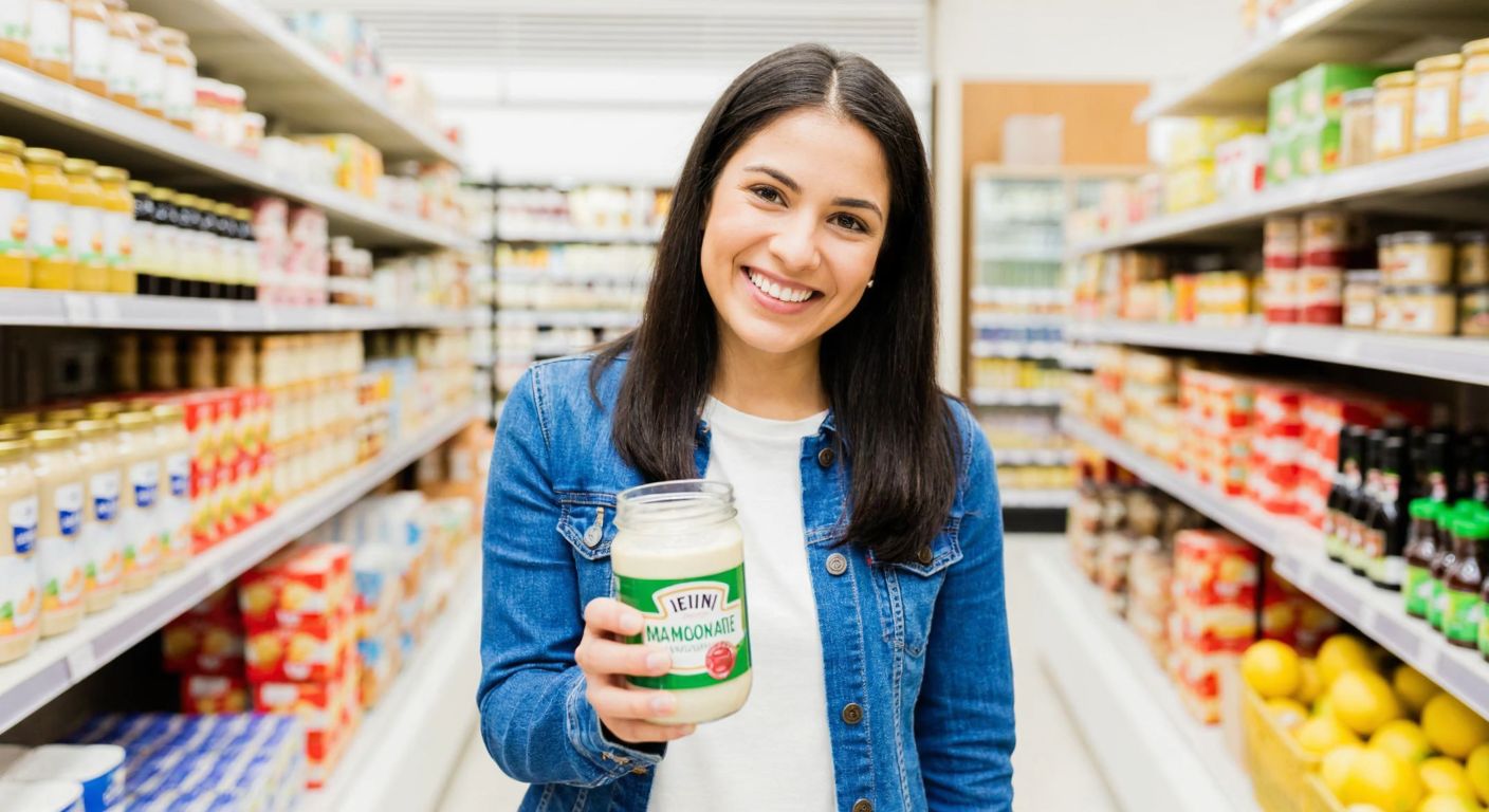 A smiling shopper in a Şok Market aisle holding a jar of Heinz mayonnaise, with shelves stocked with various condiments in the background.