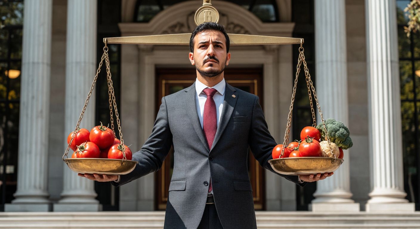 A solemn Turkish economist in a formal suit stands in front of the Central Bank of Turkey, holding a scale balancing fresh produce (representing TÜFE) and factory machinery (representing ÜFE), with a concerned expression reflecting inflation pressures.