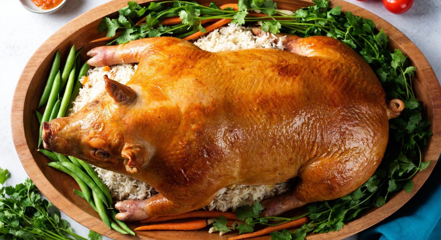 A golden-brown roasted whole pig stuffed with rice and vegetables, resting on a large wooden platter surrounded by fresh herbs and colorful ingredients like peas and carrots, evoking a festive Colombian culinary tradition.