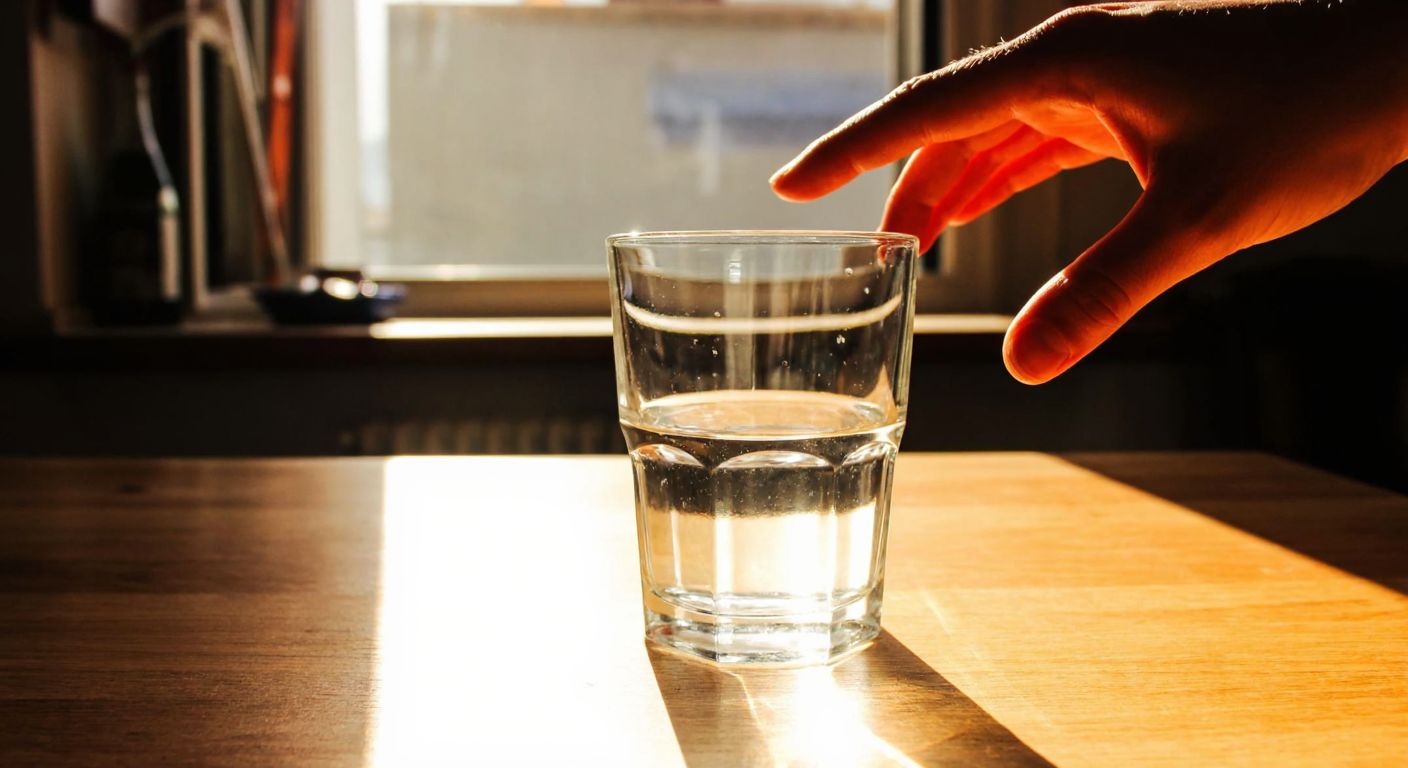 A clear glass of water resting on a wooden table in a sunlit Turkish kitchen, with a faint reflection of a person’s hand reaching for it, emphasizing purity and simplicity.