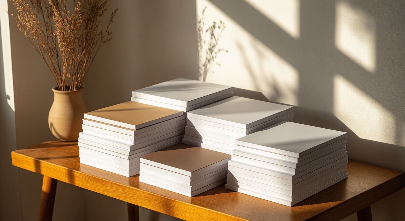 A neatly arranged stack of glossy photo papers in varying sizes (A3, A4, A5, A6) on a wooden table in a Turkish photography studio, with a warm light casting soft shadows.