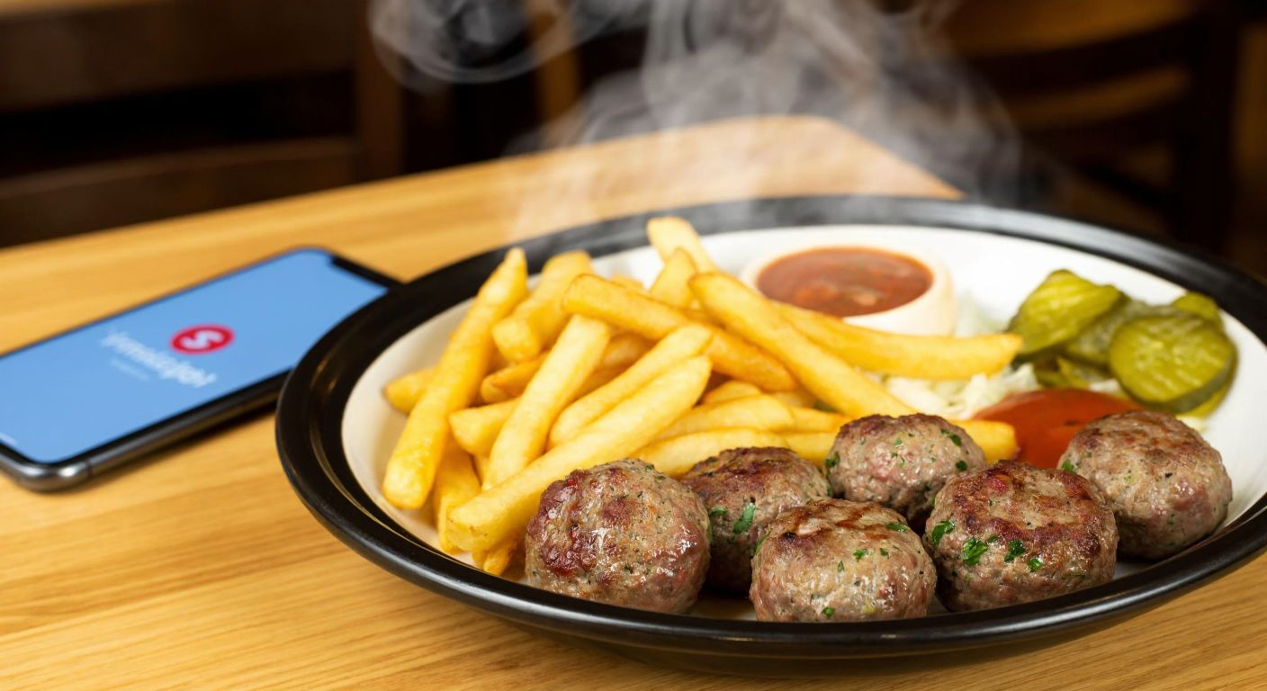 A steaming plate of juicy meatballs (köfte) with golden fries and a side of pickles, placed on a wooden table with a smartphone displaying the Yemeksepeti app in the background.