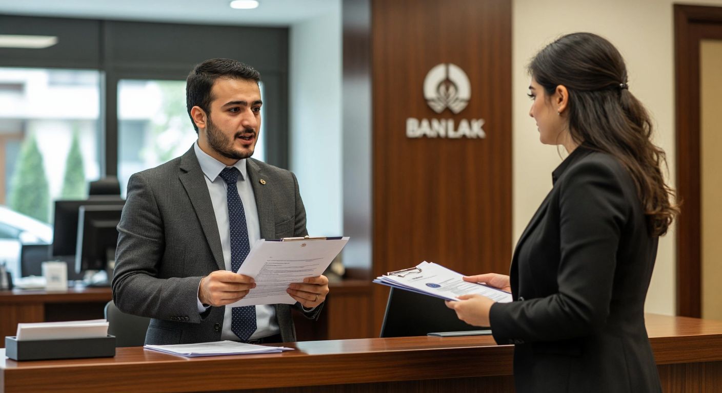A focused Turkish citizen in a formal office setting, holding documents and speaking with a tax officer behind a counter, with a bank logo visible in the background.