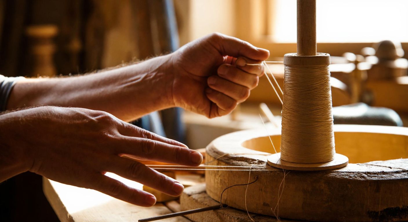 A close-up of a Turkish artisan's hands skillfully weaving a glossy, waxed thread from the Sim brand around a wooden spool, with a warm, sunlit workshop in the background.