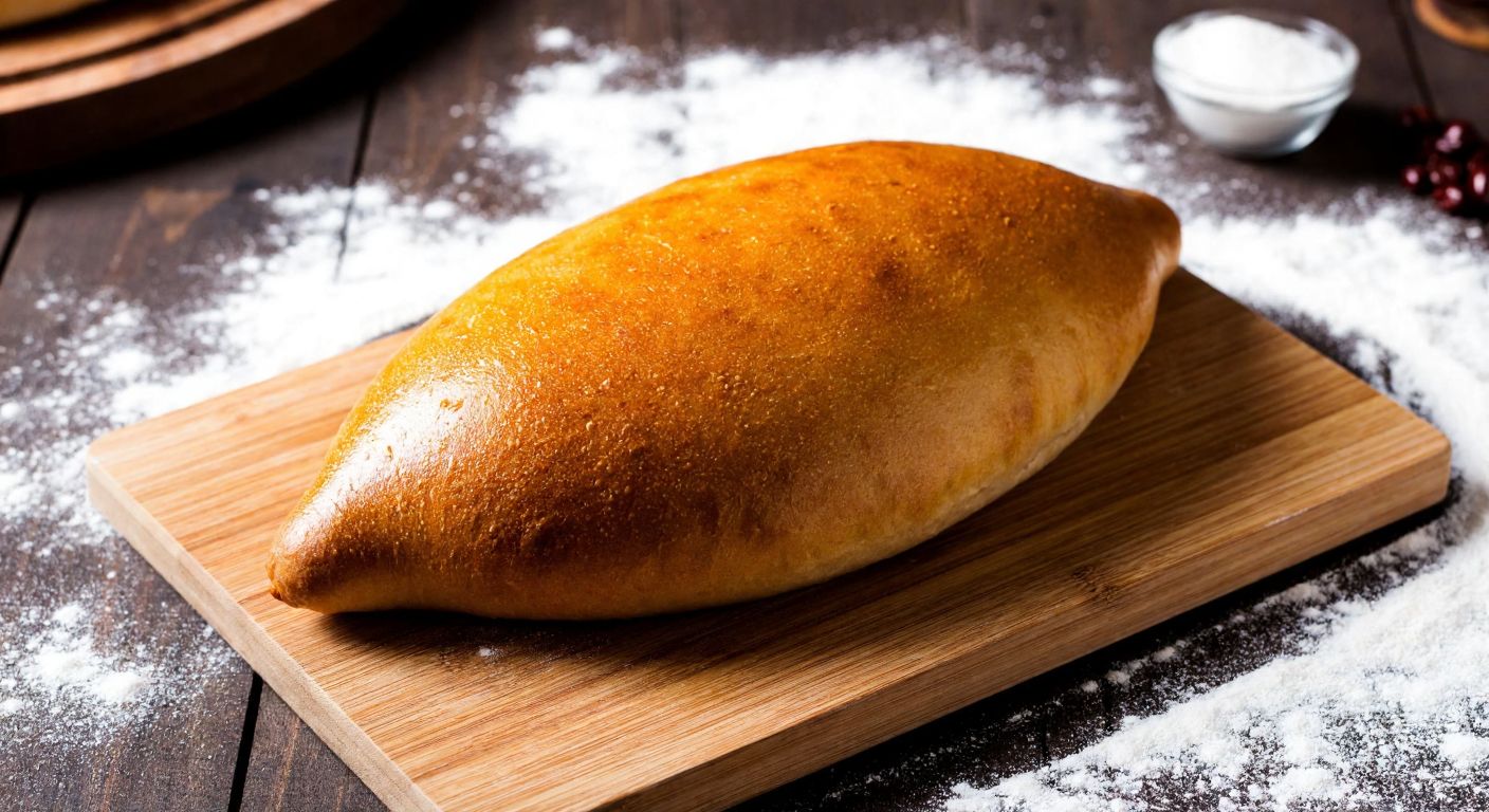 A golden-brown, oval-shaped Kumru bread loaf resting on a wooden cutting board, with a dusting of white flour around it, evoking a warm bakery in Turkey.
