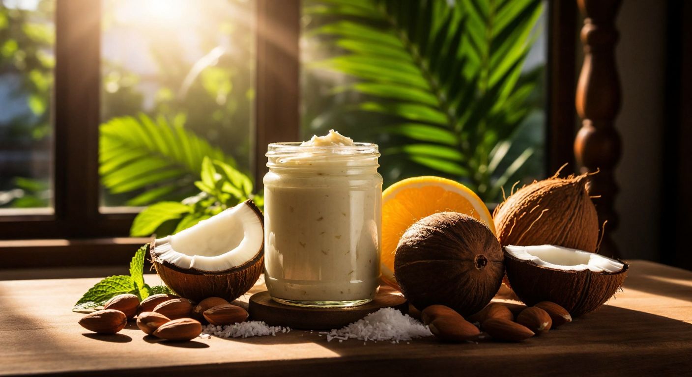 A glass jar of creamy white coconut spread sits on a wooden table in a sunlit Turkish kitchen, surrounded by fresh fruits and nuts, evoking a wholesome, natural vibe.