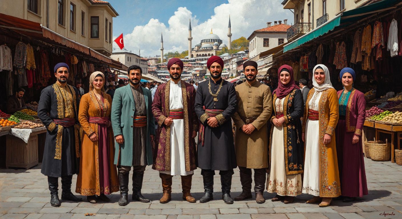 A group of diverse people in traditional Turkish attire standing proudly in front of a bustling marketplace, symbolizing individual freedom, traditional values, and economic vitality.