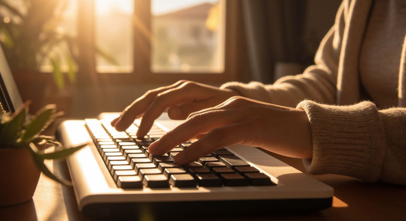 A close-up of a person's hands hovering over a keyboard, with one finger poised to press the "Alt Gr" and "E" keys simultaneously, against a warm, sunlit background in a cozy Turkish home.
