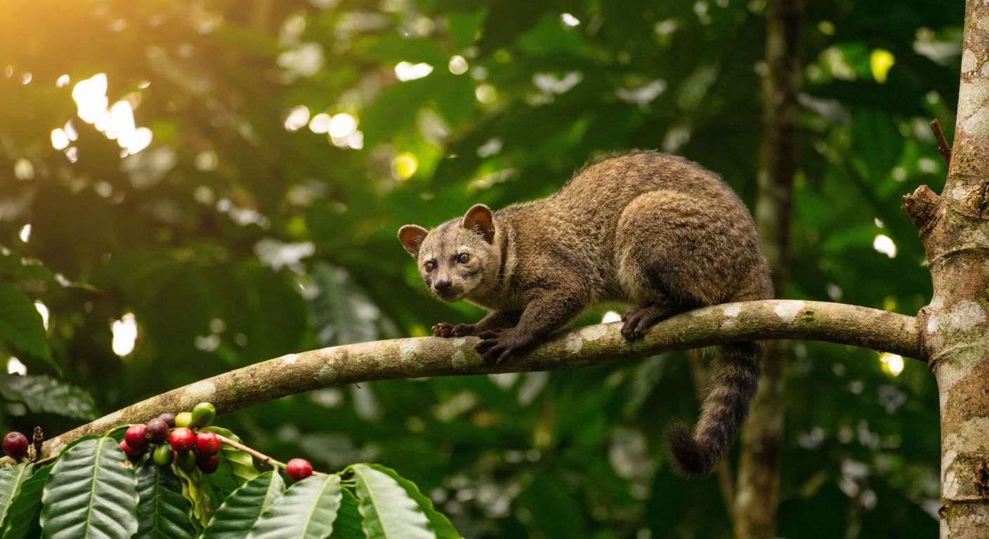 A small, furry palm civet perched on a tree branch in a lush tropical forest, with coffee cherries scattered around it and a warm golden sunrise filtering through the dense foliage.
