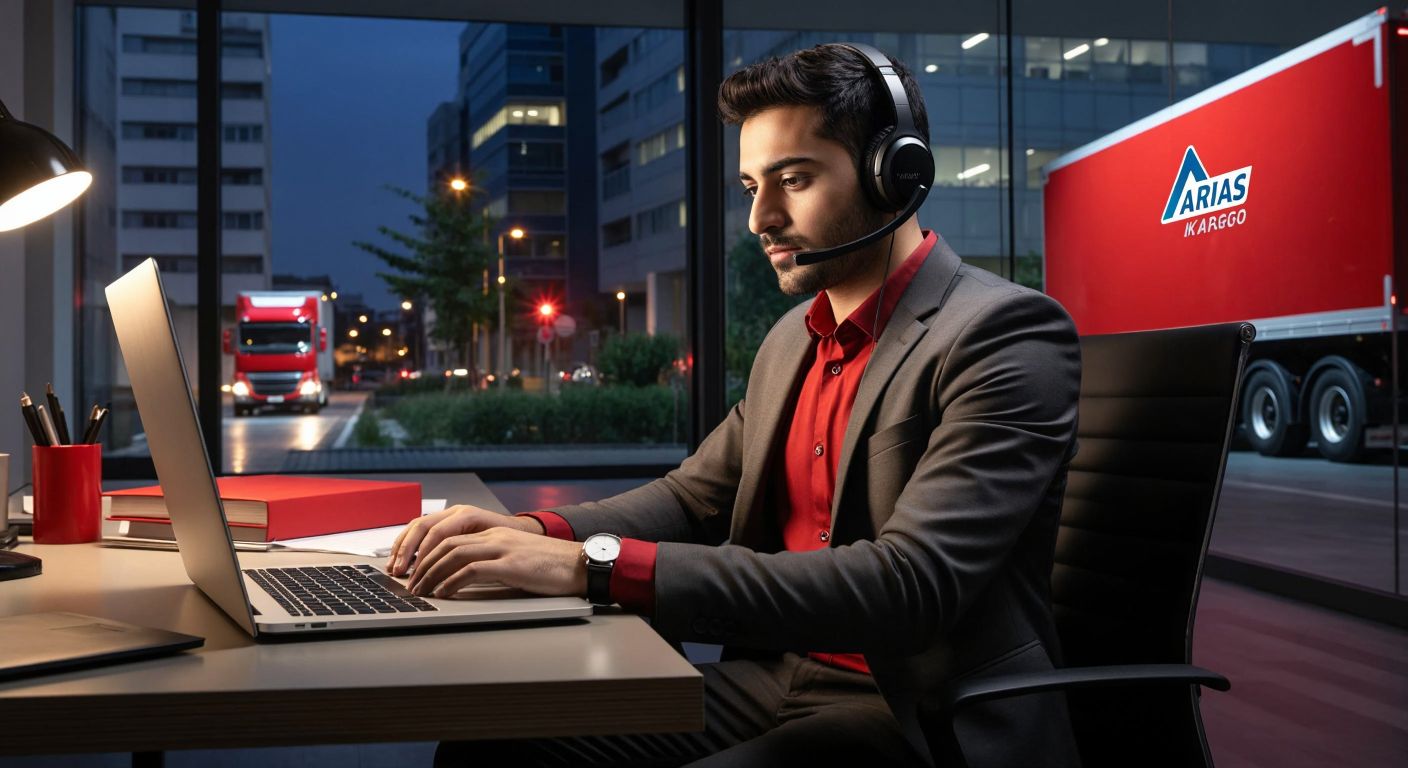 A focused Turkish businessperson in a modern office, wearing a headset and typing on a laptop with an Aras Kargo delivery truck visible through the window.