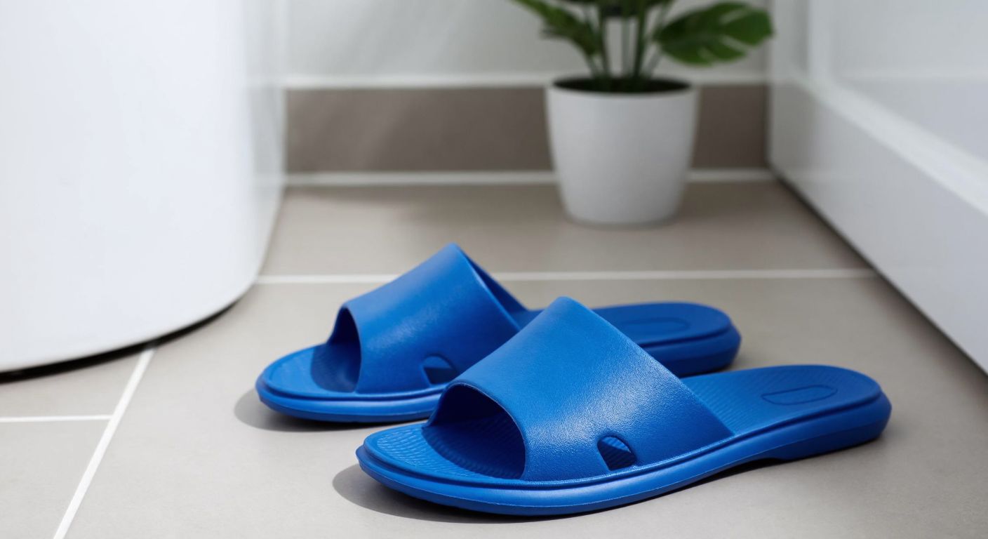 A pair of simple, lightweight EVA bathroom slippers with closed toes placed neatly on a clean, tiled floor in a Turkish home, evoking a sense of hygiene and comfort.