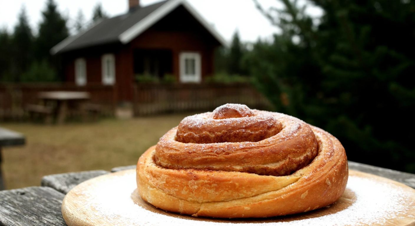 A golden-brown cinnamon roll dusted with sugar sits on a rustic wooden table, surrounded by pine trees and a cozy Scandinavian cottage in the background.