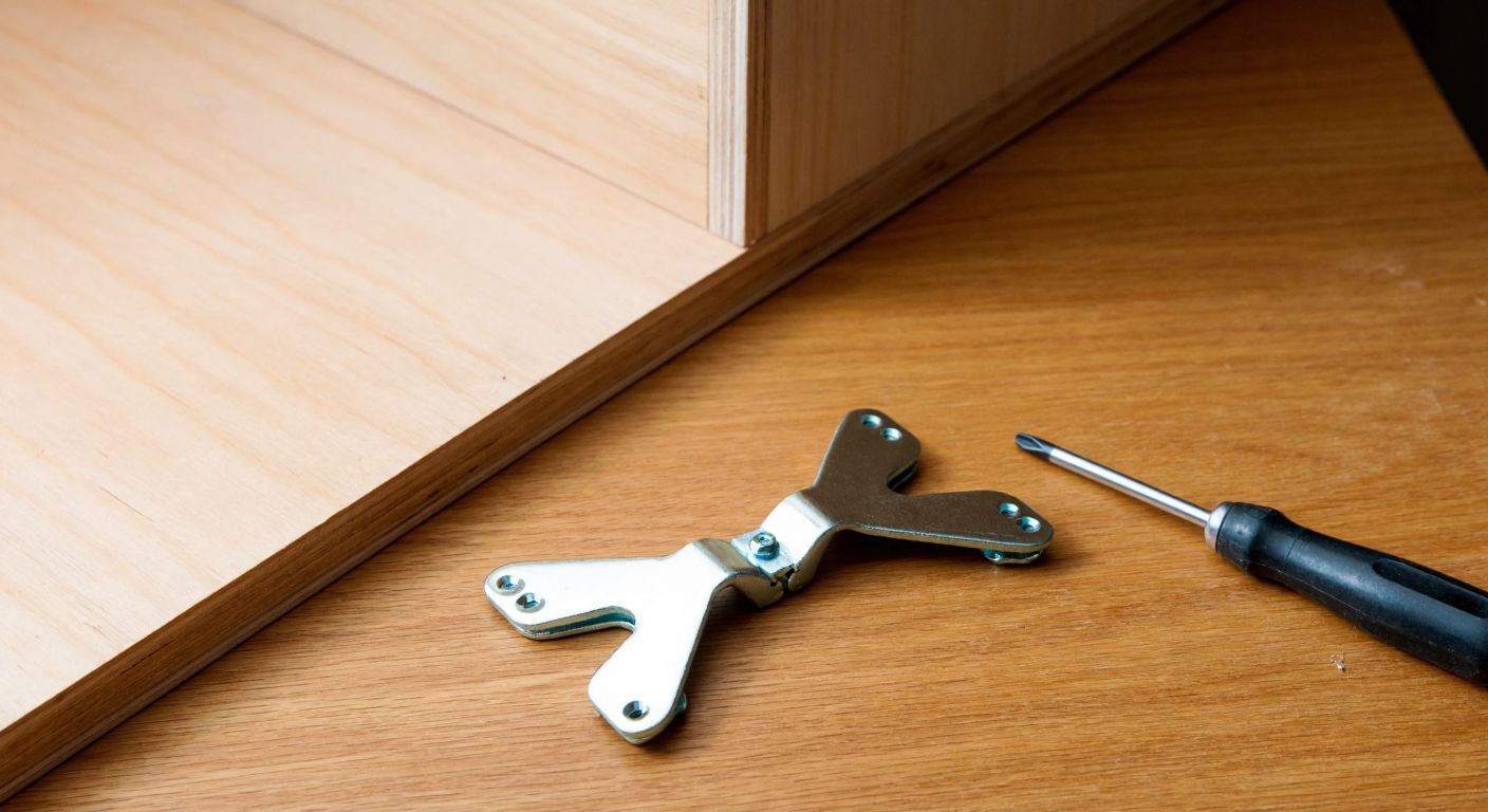 A shiny, butterfly-shaped metal connector with a zinc coating lies on a wooden workbench next to a half-assembled cabinet, with a screwdriver resting nearby.