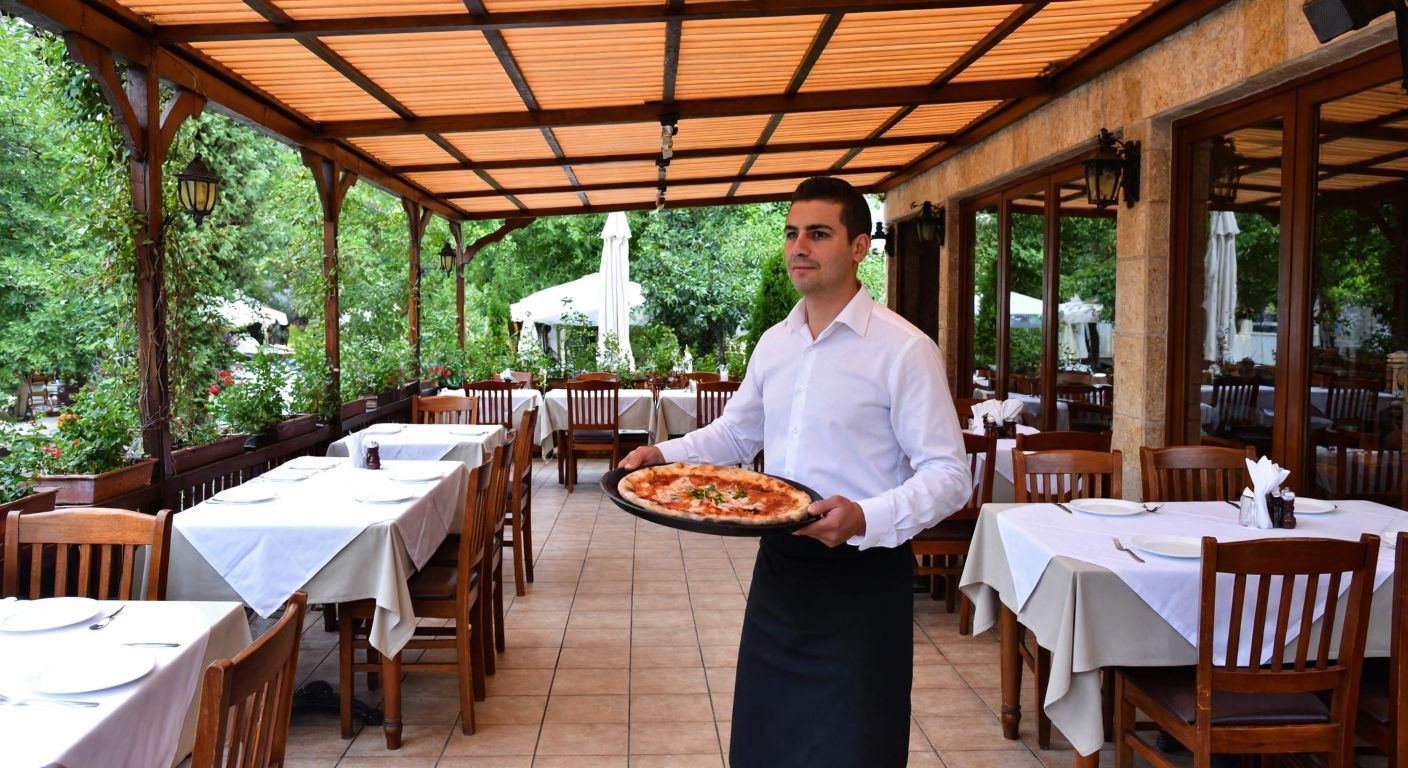 A traditional Turkish restaurant with wooden tables and white tablecloths, surrounded by lush greenery, where a waiter in a crisp white shirt politely shakes his head while holding a tray of steaming çorba and fresh pide.