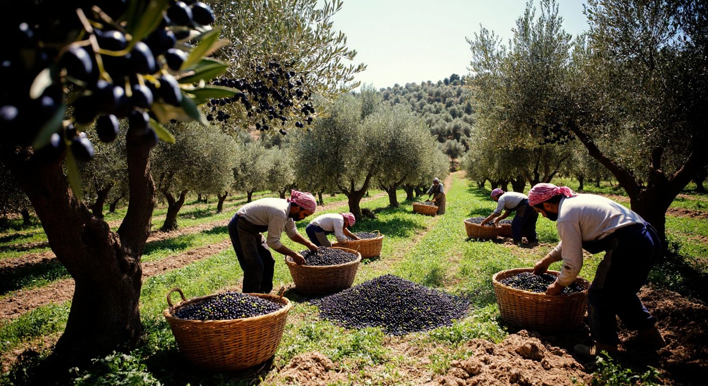 A sunlit olive grove in Manisa, Turkey, with workers harvesting plump black olives and placing them in woven baskets, evoking pride and tradition.