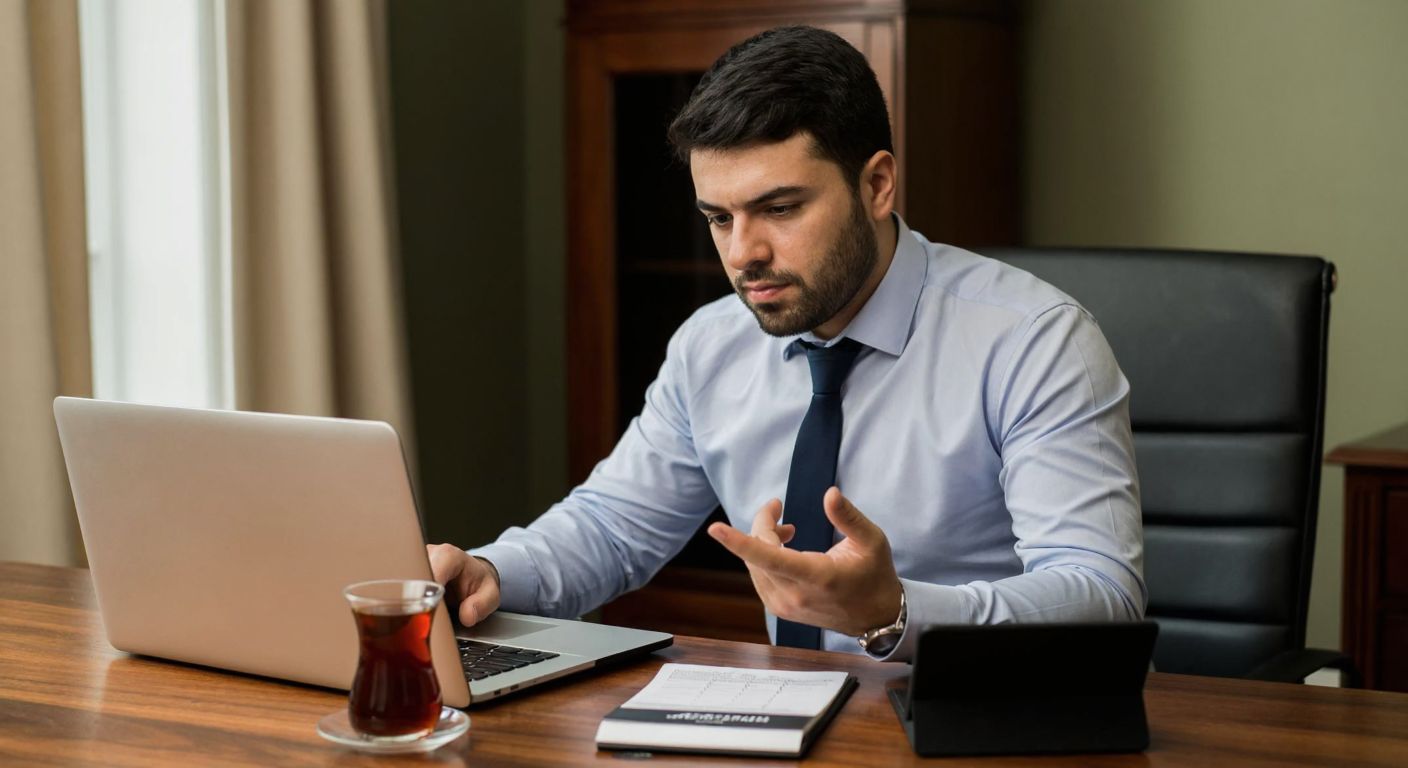 A Turkish man in a business shirt sits at a wooden desk with a laptop open, his expression focused as he points at a calculator next to a steaming cup of Turkish tea.