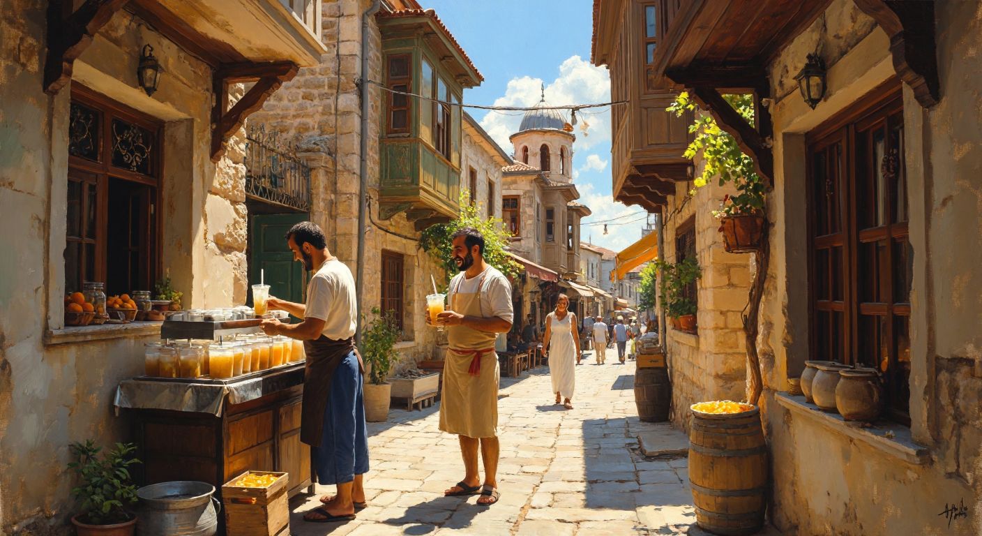 A sunlit street in southern Turkey with a vendor serving a frosty glass of buzlaç to a smiling customer, surrounded by the warm hues of traditional stone buildings.