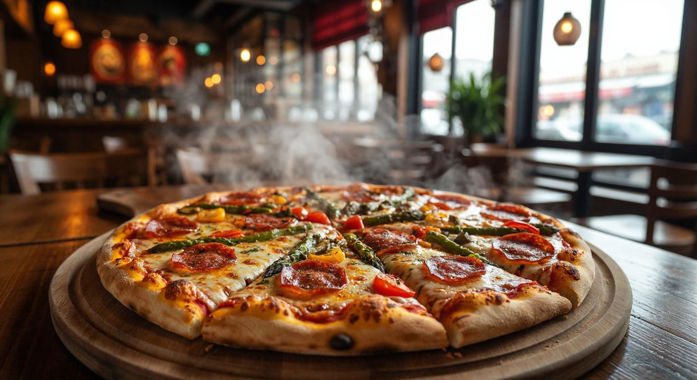 A steaming hot pizza with golden crust and melted cheese, topped with colorful vegetables and slices of pepperoni, served on a wooden table in a cozy Turkish pizzeria with warm lighting and traditional decor.