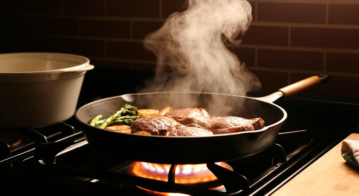 A large, shallow cast-iron pan with a wooden handle sits on a glowing stove, its smooth surface reflecting warm light while sizzling meat and vegetables release aromatic steam.