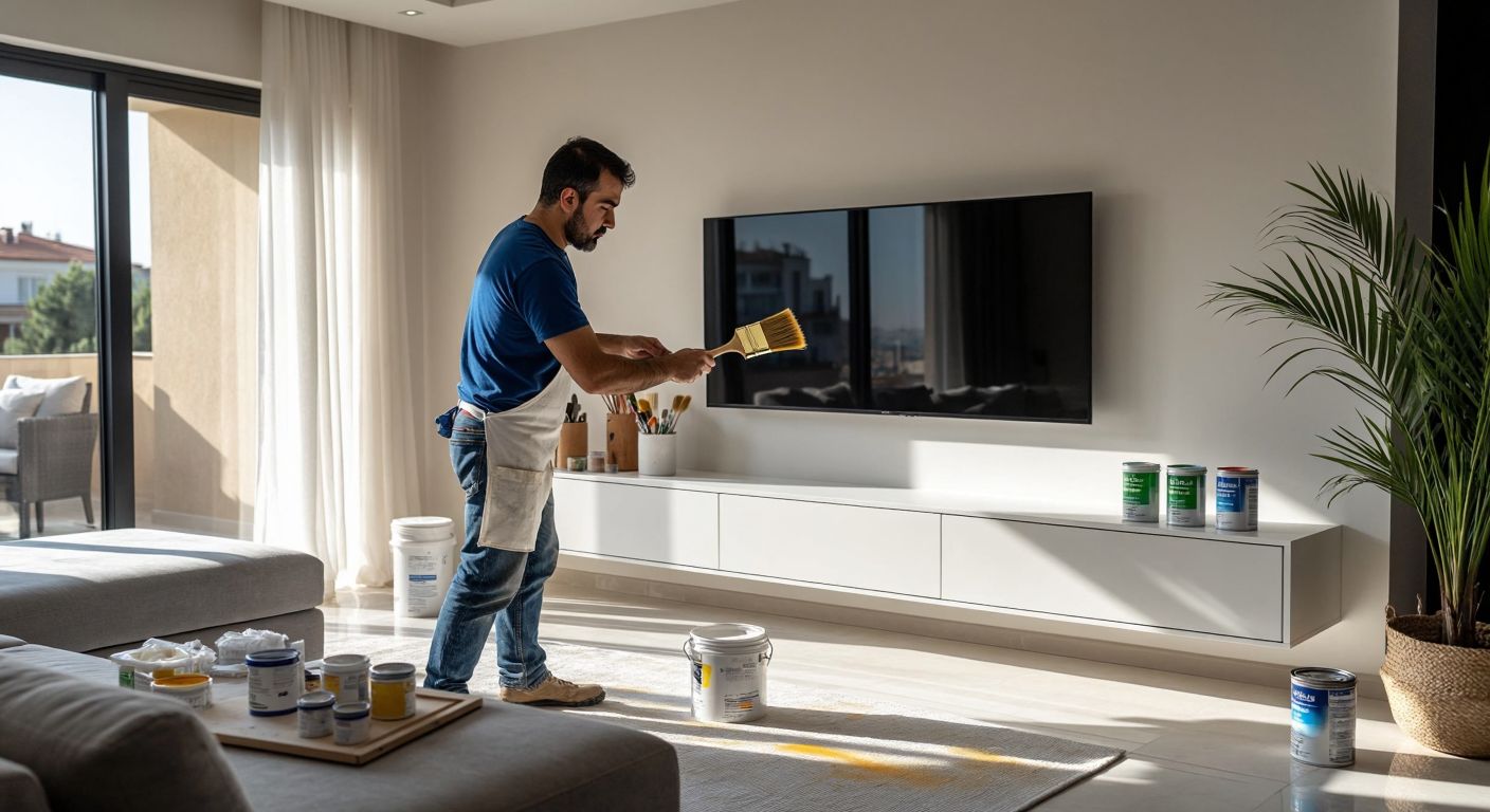 A Turkish craftsman carefully painting a smooth white plasterboard TV unit with a wide brush, surrounded by cans of water-based and acrylic-based paints in a sunlit modern living room.
