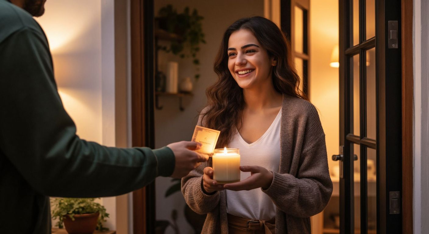 A cheerful Turkish woman in a cozy home setting holds a beautifully packaged scented candle, smiling as she hands cash to a delivery person at her doorstep.