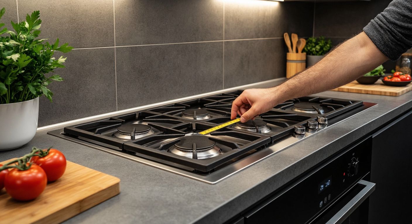 A Turkish kitchen with a stainless steel countertop, where a hand measures the gap between a 60 cm stove and the surrounding 75 cm space, looking slightly concerned.