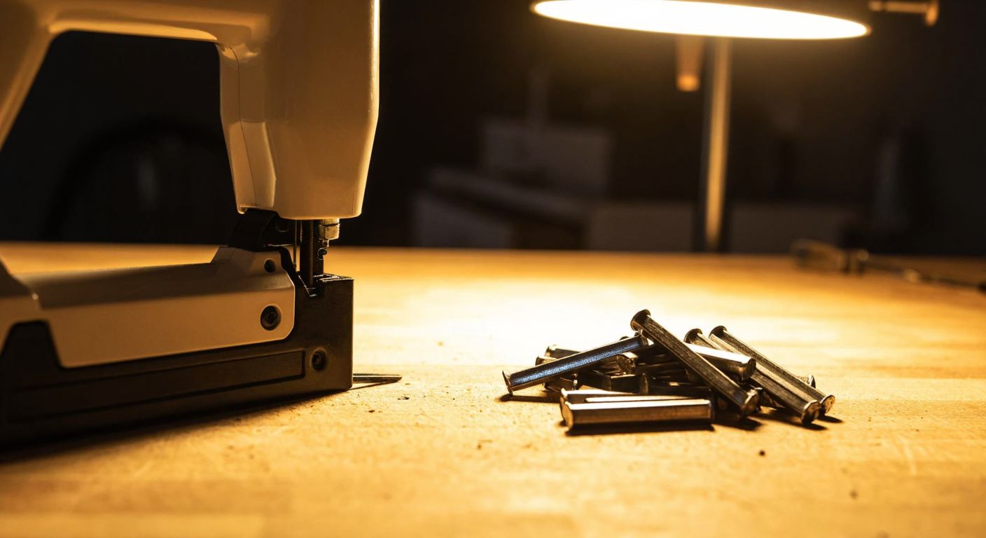 A close-up of a sturdy electric staple gun resting on a wooden workbench, with a small pile of 20mm metal staples scattered beside it, under warm workshop lighting.