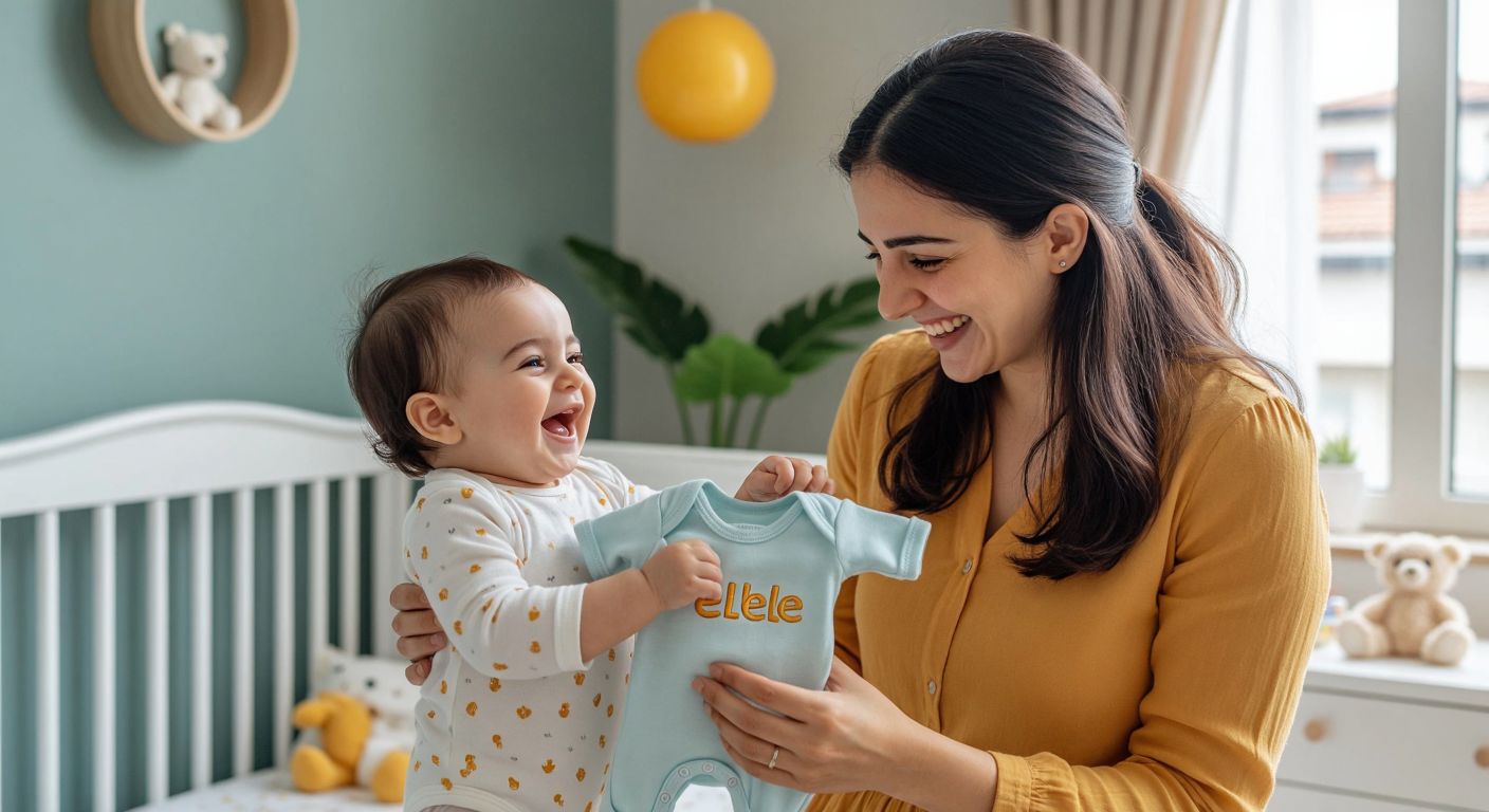A cheerful Turkish mother in a modern Istanbul nursery, gently holding a soft Elele Baby-branded onesie while smiling at her giggling infant.